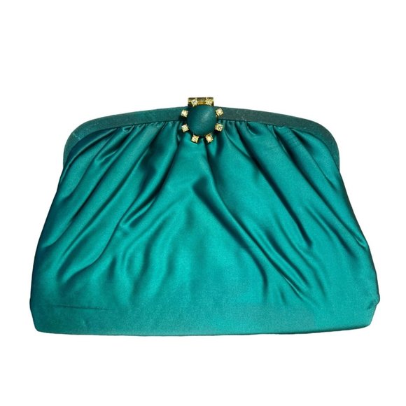 Vintage Ingber Emerald Green Clutch Old Hollywood Style Purse Ornated Clasp - Picture 2 of 10